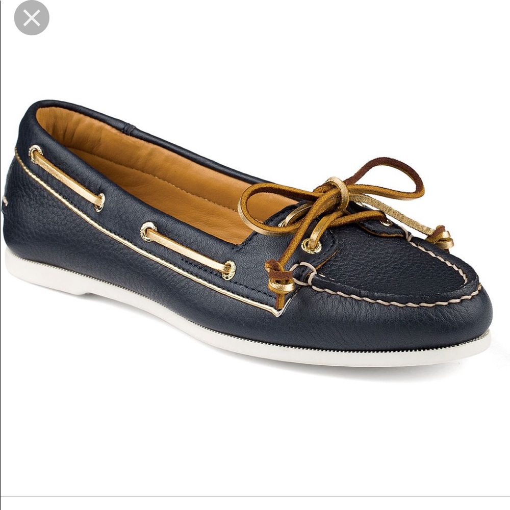 Audrey Sperry Boat Shoe, navy and gold